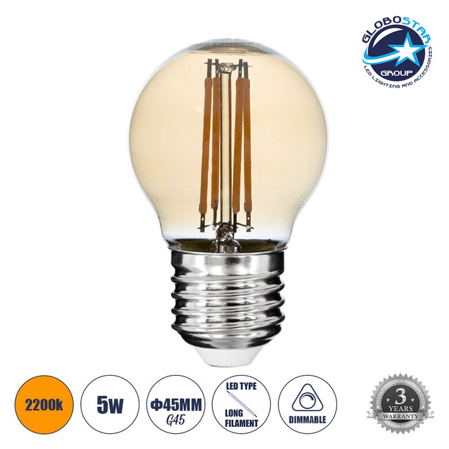 99035 Λάμπα LED Long Filament E27 G45 Γλομπάκι 5W 450lm 360° AC 220-240V IP20 Φ4.5 x Υ7.5cm Ultra Θερμό Λευκό 2200K με Μελί Γυαλί - Dimmable - 3 Years Warranty