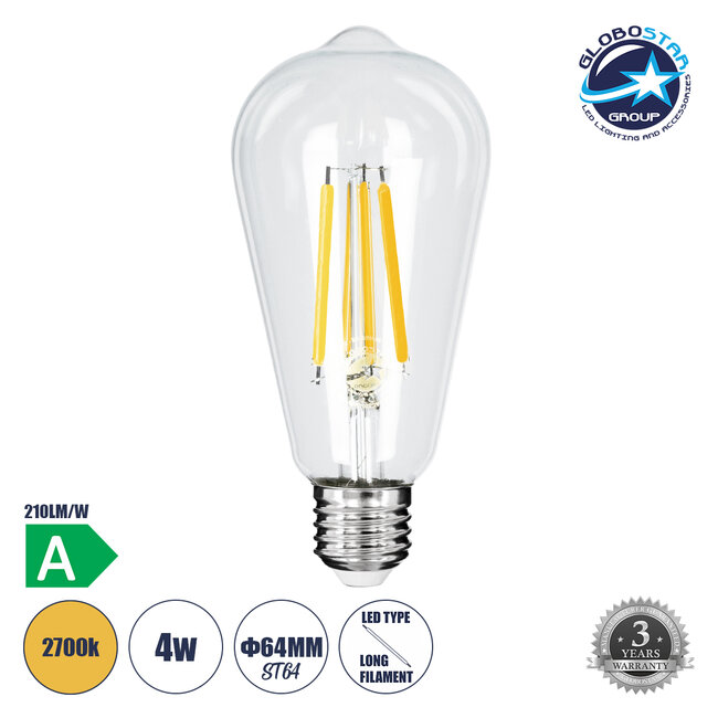 99086 Λάμπα LED Long Filament E27 ST64 Αχλάδι 4W 840lm 360° AC 220-240V IP20 Φ6.4 x Υ14.5cm Θερμό Λευκό 2700K με Διάφανο Γυαλί - Pro Series 210lm/W - A Ενεργειακή Κλάση - 3 Χρόνια Εγγύηση