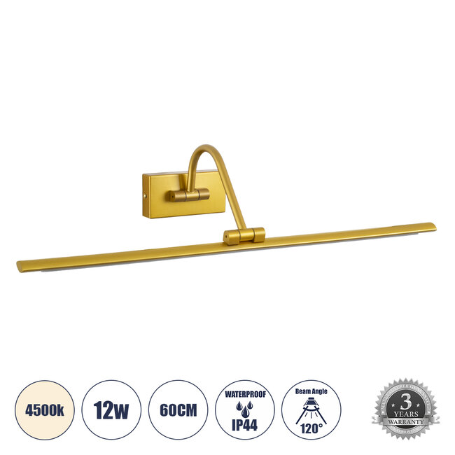 MIRA 60433 Μοντέρνο Φωτιστικό Τοίχου - Απλίκα Καθρέπτη Μπάνιου - Πίνακα LED 12W 1400lm 120° AC 220-240V IP44 Μ60 x Π20 x Υ13cm - Φυσικό Λευκό 4500K - Χρυσό - 3 Years Warranty