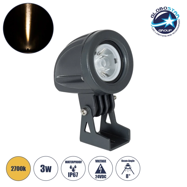  TREEDITA 90474 Φωτιστικό Σποτ για Φυτά - Δέντρα LED 3W 330lm 8° DC 24V Αδιάβροχο IP67 Θερμό Λευκό 2700K Dimmable - Bridgelux SMD Chip - Γκρι Ανθρακί - Μ5.7 x Π6.5 x Υ9.8cm - 3 Χρόνια Εγγύηση