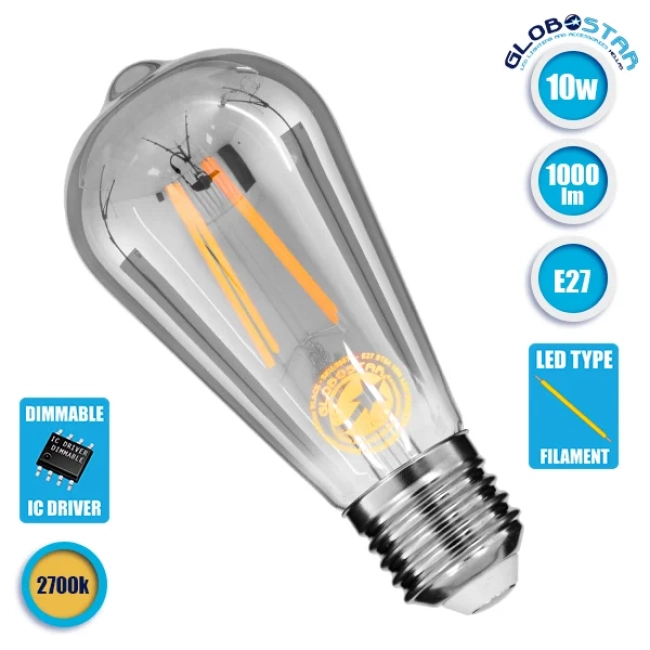  PEAR 99077 Λάμπα E27 ST64 LED 10W 1000lm 360° AC 220-240V IP20 Θερμό Λευκό 2700K Dimmable - Long Filament Chip - Μαύρο Φιμέ - Μ6.4 x Π6.4 x Υ14.5cm - 3 Χρόνια Εγγύηση