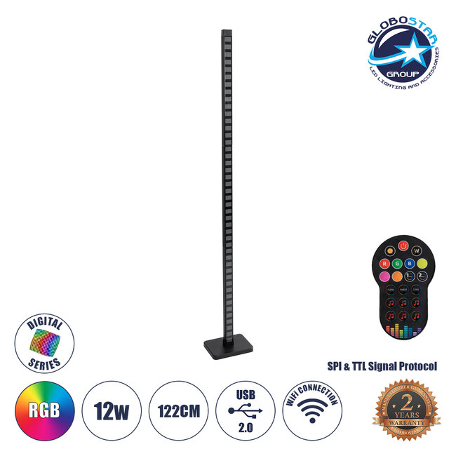 DIGICOLUMN 90762 Μοντέρνο Επιδαπέδιο Φωτιστικό Γραφείου Rhythm Music Bar LED 12W 960lm 90° DC 5V με USB 2.0 IP20 - Εναλλαγή Φωτισμού μέσω Τηλεχειριστηρίου - Πολύχρωμο RGB - Dimmable - Μαύρο - Μ3.4 x Π2.5 x Υ122cm - 2 Χρόνια Εγγύηση