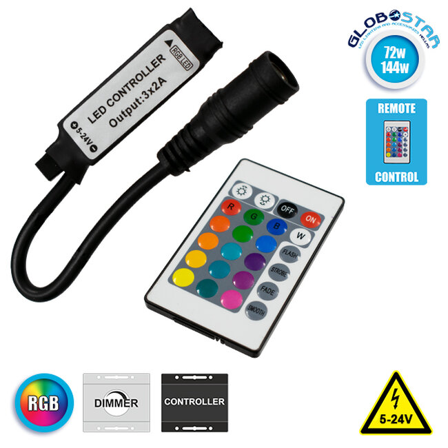 Ασύρματος LED RGB Controller με Χειριστήριο IR 5v (30w) 12v (72w) 24v (144w)  73402 Ασύρματος LED RGB Controller με Χειριστήριο IR 5v (30w) 12v (72w) 24v (144w)  73402