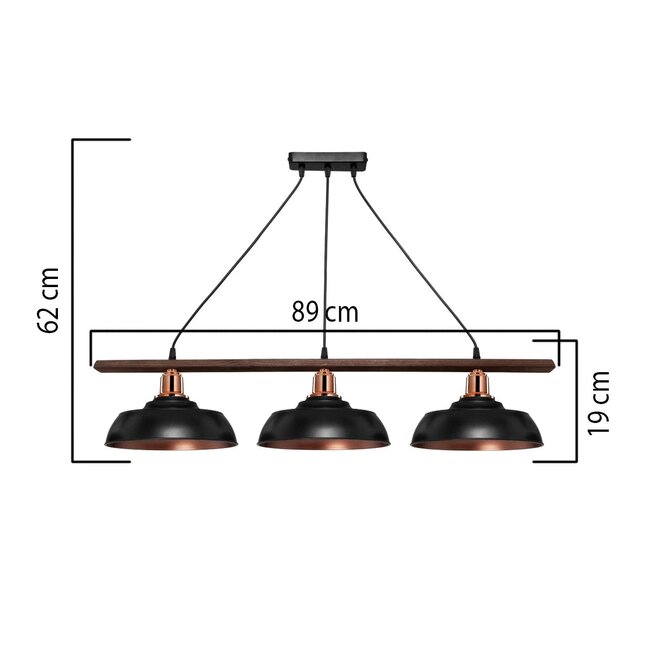 LOAN 203-0291 Μοντέρνο Κρεμαστό Φωτιστικό Οροφής με Ντουί 3 x E27 AC 220-240V IP20 - Μαύρο & Μπρονζέ - Μ89 x Π25.5 x Υ19cm - 3