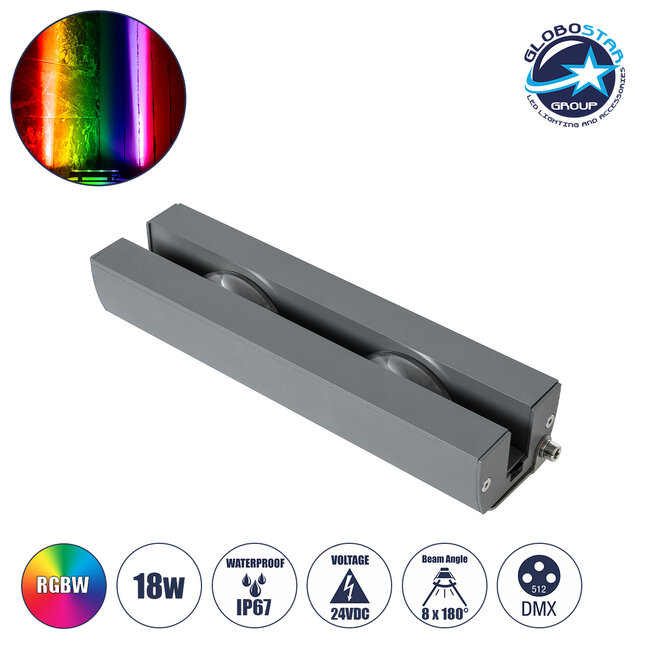  WINDOWARTE 90721 Φωτιστικό Ανάδειξης Παραθύρων LED 18W 1440lm 8° x 180° DC 24V Αδιάβροχο IP67 Πολύχρωμο RGBW Dimmable DMX512 - CREE XPE Chip - Γκρι Ανθρακί - Μ25 x Π7 x Υ4.5cm - 3 Χρόνια Εγγύηση
