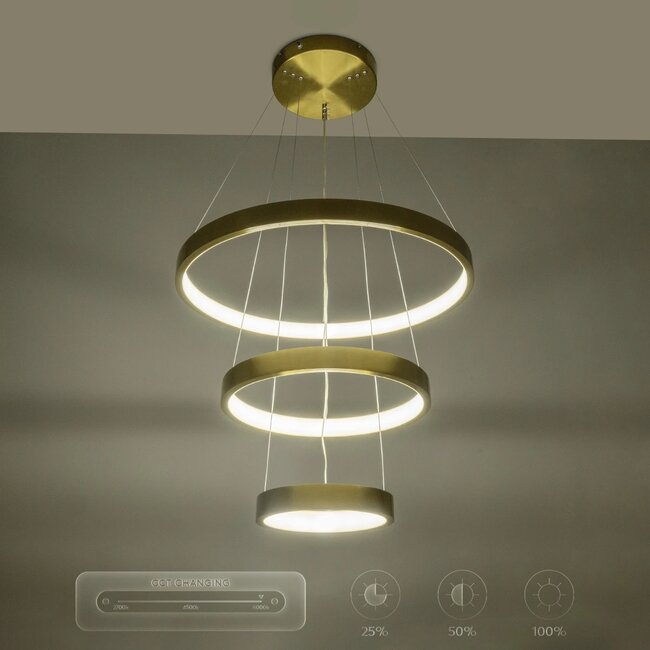 NEMESIS TRIO 61169-DECO Μοντέρνο Κρεμαστό Φωτιστικό Οροφής LED 100W 12123lm 360° AC 220-240V IP20 Ρυθμιζόμενο Λευκό CCT με Χειριστήριο από 2700K έως 6000K Dimmable - Lumileds SMD Chip - Χρυσό Βούρτσας - Μ60 x Π60 x Υ60cm - 3 Χρόνια Εγγύηση - 12