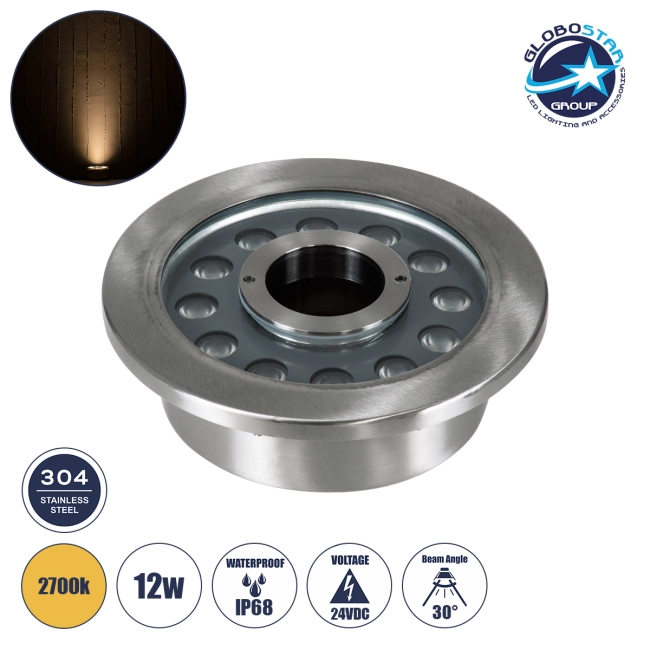 UNDERWATER-DENIS 90438 Υποβρύχιο Χωνευτό Φωτιστικό Σποτ Ειδικό για Σιντριβάνια - Πισίνες - Τζακούζι LED 12W 1080lm 30° DC 24V Αδιάβροχο IP68 Φ19.5 x Υ7.5cm Θερμό Λευκό 2700K - Ανοξείδωτο Ατσάλι SS304 - 3 Years Warranty