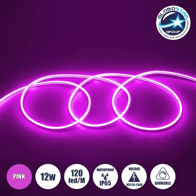 70577 OVALE 120° Degree Neon Flex Epistar LED SMD 2835 1m 12W/m 120LED/m 1212lm/m 120° DC 230V Αδιάβροχη IP68 Ροζ Dimmable