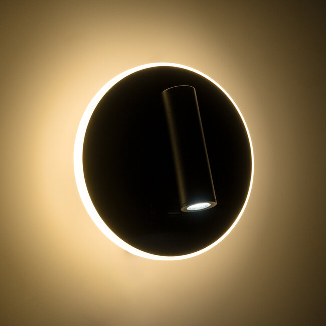 LADY-R 60938 Μοντέρνο Φωτιστικό Τοίχου - Απλίκα Ξενοδοχείου Bed Side LED 6W 600lm 36° & 360° AC 220-240V - Reading Light & 360° Κρυφός Φωτισμός - Φορτιστής USB 3A - Φ15 x Υ7cm - Φυσικό Λευκό 4500K - Μαύρο