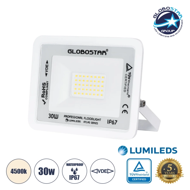  ATLAS 61414 Προβολέας LED 30W 3600lm 120° AC 220-240V Αδιάβροχο IP67 Φυσικό Λευκό 4500K - Lumileds SMD Chip - TÜV Rheinland Certified - Λευκό Ματ - Μ16 x Π2.5 x Υ12.5cm - 5 Χρόνια Εγγύηση