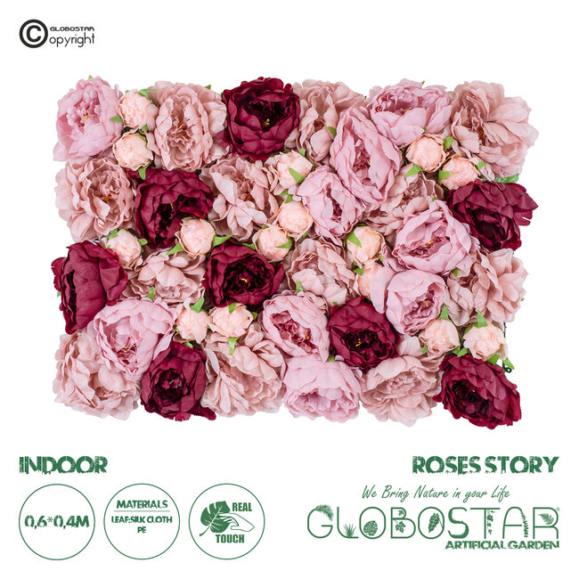 Artificial Garden ROSES STORY 20355 Τεχνητό Διακοσμητικό Πάνελ Λουλουδιών - Κάθετος Κήπος σύνθεση Ροζ & Βυσσινί Τριαντάφυλλα Μ40 x Π60 x Υ8cm