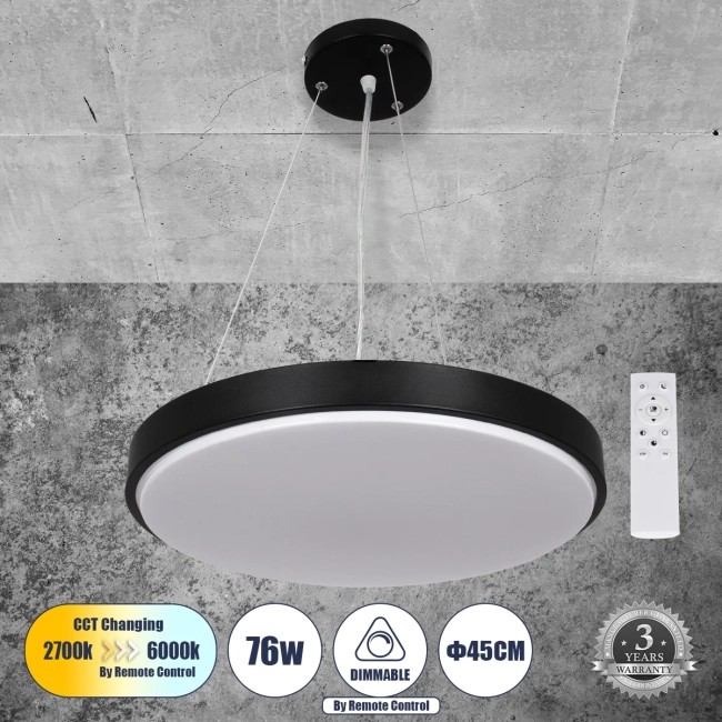  CASPER 61019 Μοντέρνο Κρεμαστό Φωτιστικό Οροφής LED 76W 8372lm 120° AC 220-240V IP20 Ρυθμιζόμενο Λευκό CCT με Χειριστήριο από 2700K έως 6000K Dimmable - Lumileds SMD Chip - Μαυρό Ματ - Μ45 x Π45 x Υ5.5cm - 3 Χρόνια Εγγύηση - 2