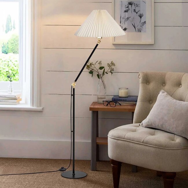 FLY 204-0127 Μοντέρνο Eπιδαπέδιο Φωτιστικό Μονόφωτο 1 x E27 IP20 Μαύρο & Χρυσό Μέταλλο με Μπεζ Ύφασμα - Μ38 x Π38 x Υ155cm - 5