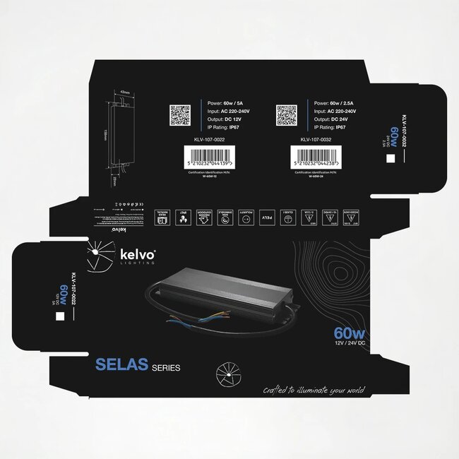 kelvo® SELAS KLV-107-0022 Τροφοδοτικό/Μετασχηματιστής Class I PELV 60W 5A AC 220-240V σε DC 12V Αδιάβροχο IP67 - Γκρι Ανθρακί Ματ - Μ15.8 x Π4.3 x Υ2.3cm - 5 Χρόνια Εγγύηση - 7