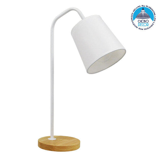 Μοντέρνο Επιτραπέζιο Φωτιστικό Πορτατίφ Μονόφωτο Λευκό Μεταλλικό με Καπέλο και Ξύλινη Καφέ Βάση Φ13  BARNABY WHITE 01574