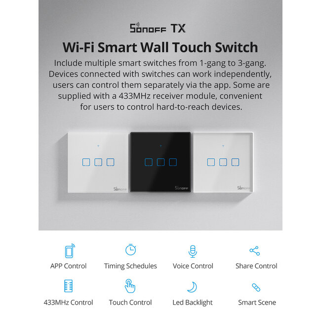 80130  SONOFF T2EU1C-RF - 433MHz Wireless Smart Wall Touch Button Switch AC 100-240V Max 2A (2A/Way) 1 Way - RF Series - 6