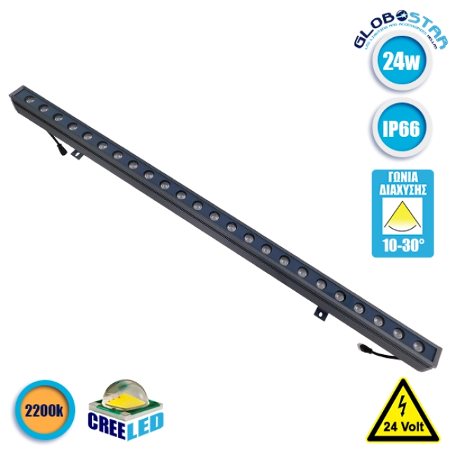 WASHERMARGO 05101 Μπάρα Φωτισμού Wall Washer LED 24W 2520lm 30° DC 24V Αδιάβροχο IP66 Ultra Θερμό Λευκό 2200K Dimmable - Bridgelux SMD Chip - Γκρι Ανθρακί - Μ100 x Π4 x Υ5cm - 3 Χρόνια Εγγύηση