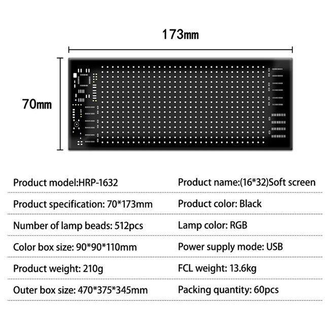 MATRIX GLB-106-0001 Εύκαμπτη Κυλιόμενη Ψηφιακή Επιγραφή 17.3x7cm P4 32x16 Pixel LED 10W DC 5V 2A με USB 2.0 Αδιάβροχο IP65 Πολύχρωμο RGB - Bluetooth Control μέσω iPIXEL APP - Μ17.3 x Π0.2 x Υ7cm - 2 Χρόνια Εγγύηση - 20