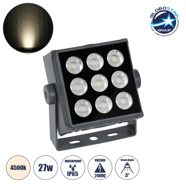 FLOODTINY 90369 Προβολέας Σποτ Wall Washer LED 27W 3105lm 3° DC 24V Αδιάβροχο IP65 Φυσικό Λευκό 4500K Dimmable - Bridgelux SMD Chip - Γκρι Ανθρακί - Μ13.8 x Π16.4 x Υ7cm - 3 Χρόνια Εγγύηση