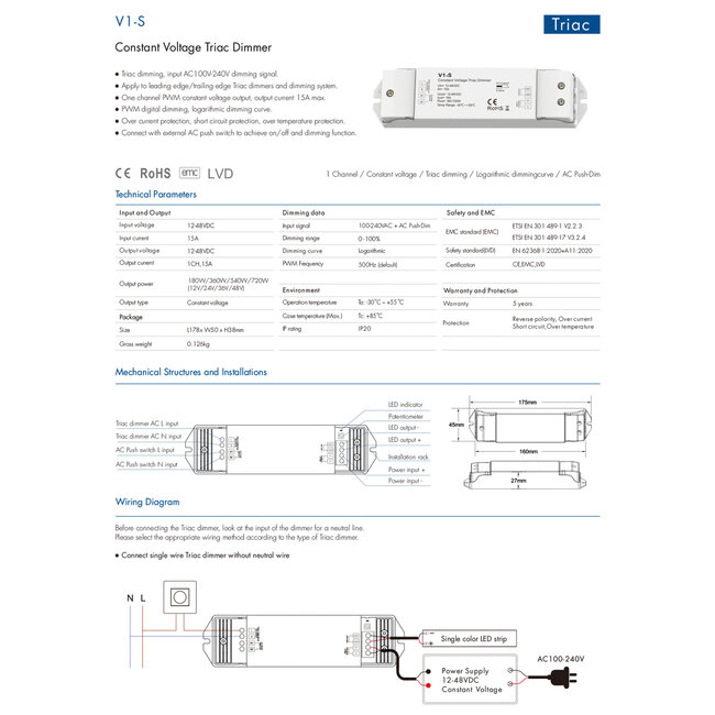 73127 V1-S SKYDANCE AC Triac Dimmer Push Dimming 1 Κανάλι DC 12-48V 1 x 15A 720W - Max 15A 720W - IP20  Μ17.5 x Π4.5 x Υ2.5cm - 5 Χρόνια Εγγύηση - 9