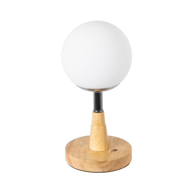 COVE 02036 Μοντέρνο Επιτραπέζιο Φωτιστικό Μονόφωτο 1 x E27 AC220-240V IP20 - Φ12 x Υ25cm - Μπεζ Ξύλινο & Γυάλινη Γαλακτερή Μπάλα - 5 Χρόνια Εγγύηση