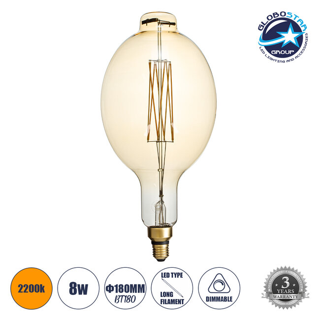 99166 Λάμπα LED Long Filament E27 BT180 MANGOS Γλόμπος 8W 720lm 360° AC 220-240V IP20 Φ18 x Υ39cm Ultra Θερμό Λευκό 2200K με Μελί Γυαλί - Dimmable - 3 Χρόνια Εγγύηση