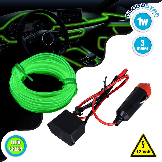 82202 TUBE 360° Degree Διακοσμητική EL-Wire Neon Αυτοκινήτου Κορδόνι ΣΕΤ 3m 1W/3m 30lm/m 360° DC 12V με Βύσμα Αναπτήρα Αυτοκινήτου Αδιάβροχη IP68 Πράσινο Φωσφορούχο