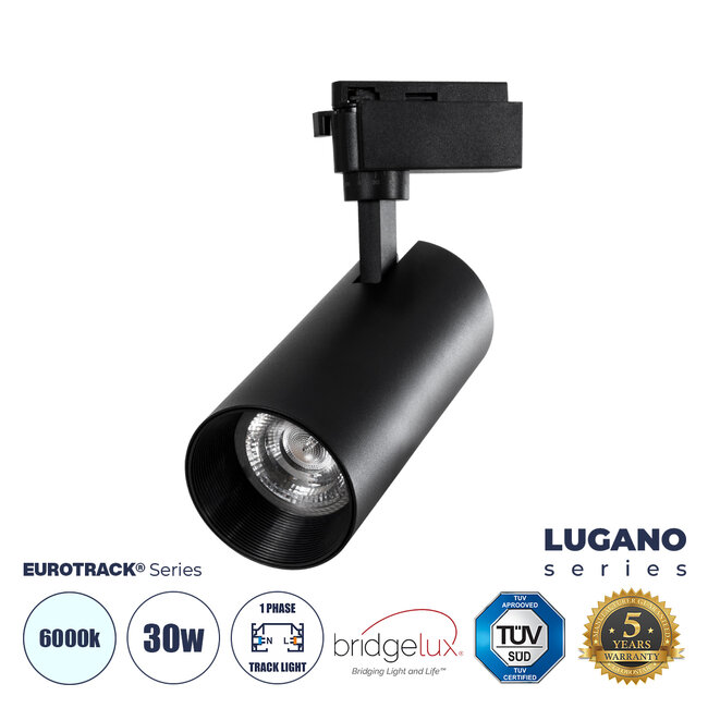 LUGANO 60815 Μονοφασικό Φωτιστικό Σποτ Ράγας LED 30W 3900lm 36° Acrylic HQ LENS AC 220-240V IP20 Φ7.5 x Υ22.7cm Ψυχρό Λευκό 6000K - EUROTRACKSystem 1L+1N - Μαύρο - Bridgelux Chip - TÜV Certified Driver - 5 Χρόνια Εγγύηση