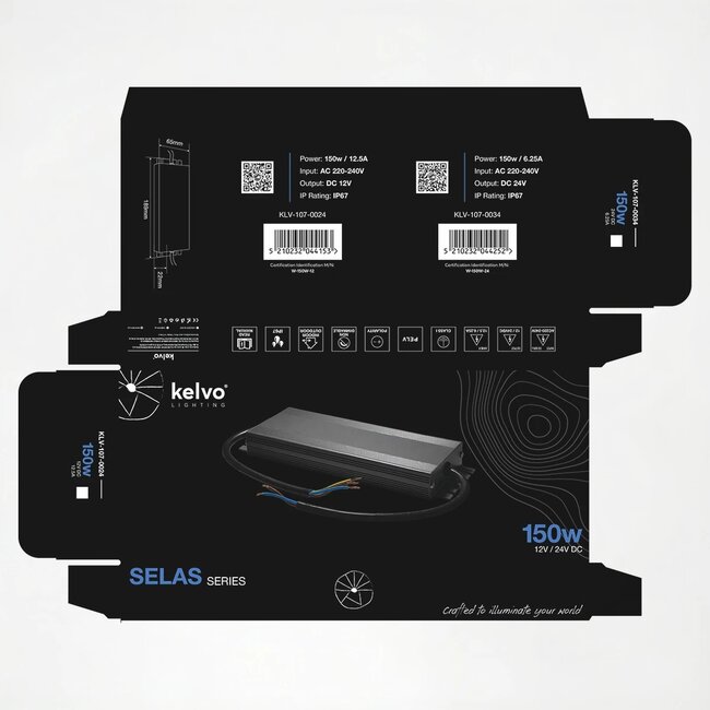 kelvo® SELAS KLV-107-0034 Τροφοδοτικό/Μετασχηματιστής Class I PELV 150W 6.25A AC 220-240V σε DC 24V Αδιάβροχο IP67 - Γκρι Ανθρακί Ματ - Μ18.9 x Π6.5 x Υ2.2cm - 5 Χρόνια Εγγύηση - 7