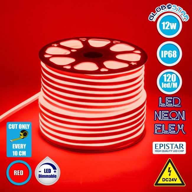 70563 OVALE 120° Degree Neon Flex Epistar LED SMD 2835 1m 12W/m 120LED/m 1212lm/m 120° DC 24V Αδιάβροχη IP68 Κόκκινο Dimmable