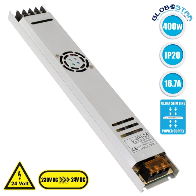 73019 Μεταλλικό Τροφοδοτικό PELV Ultra Slim για Προϊόντα LED 400W 16.7A - AC 220-240V σε DC 24V - IP20 Μ31 x Π5.4 x Υ2.3cm - 3 Years Warranty 73019 Μεταλλικό Τροφοδοτικό PELV Ultra Slim για Προϊόντα LED 400W 16.7A - AC 220-240V σε DC 24V - IP20 Μ31 x Π5.4 x Υ2.3cm - 3 Years Warranty
