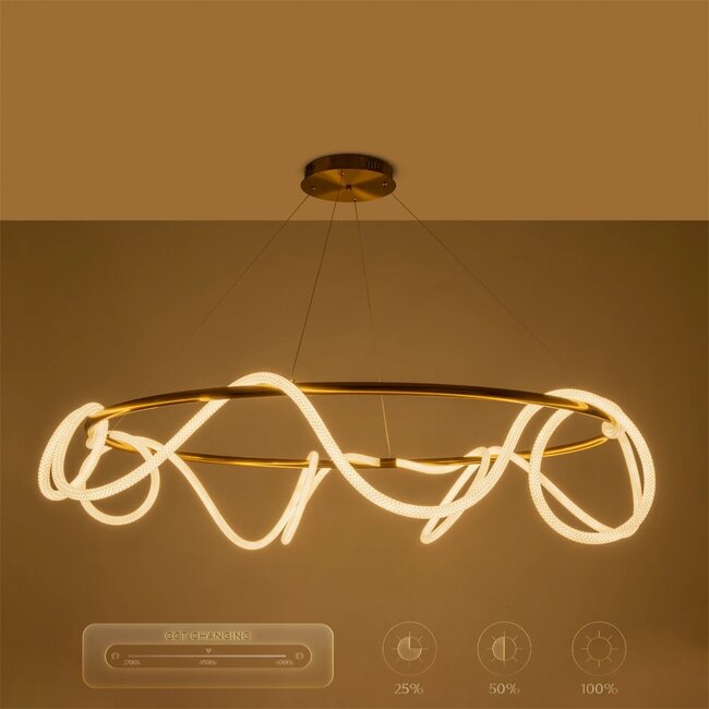 kelvo® GLOW KLV-101-0165 Κρεμαστό Φωτιστικό Οροφής LED 100W 10000lm 360° AC 220-240V IP20 Ρυθμιζόμενο Λευκό CCT με Χειριστήριο από 2700K έως 6000K Dimmable - Lumileds SMD Chip - Χρυσό Πλατίνα - Μ150 x Π150 x Υ100cm - 3 Χρόνια Εγγύηση - 14