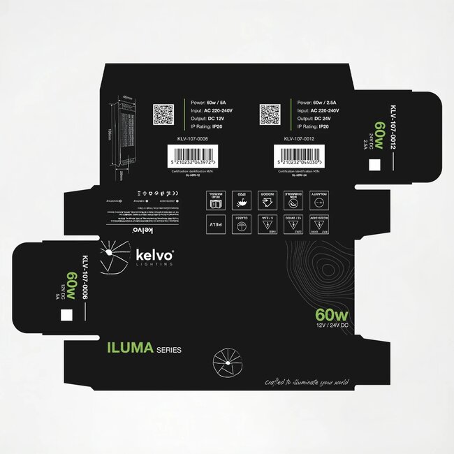 kelvo® ILUMA KLV-107-0006 Slim Τροφοδοτικό/Μετασχηματιστής Class I PELV 60W 5A AC 220-240V σε DC 12V IP20 - Γκρι Ανθρακί Ματ - Μ13.3 x Π4.8 x Υ2.8cm - 5 Χρόνια Εγγύηση - 6