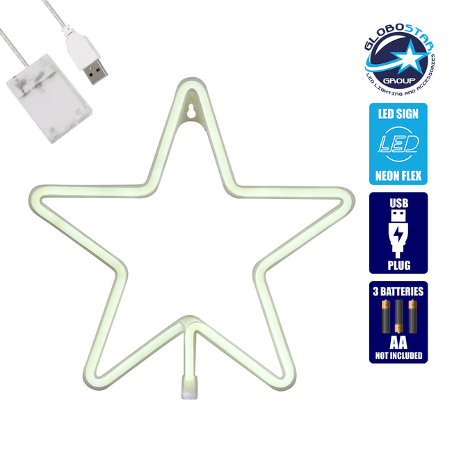 78584 Φωτιστικό Ταμπέλα Φωτεινή Επιγραφή NEON LED Σήμανσης STAR 5W με Καλώδιο Τροφοδοσίας USB - Μπαταρίας 3xAAA (Δεν Περιλαμβάνονται) - Ψυχρό Λευκό 6000K