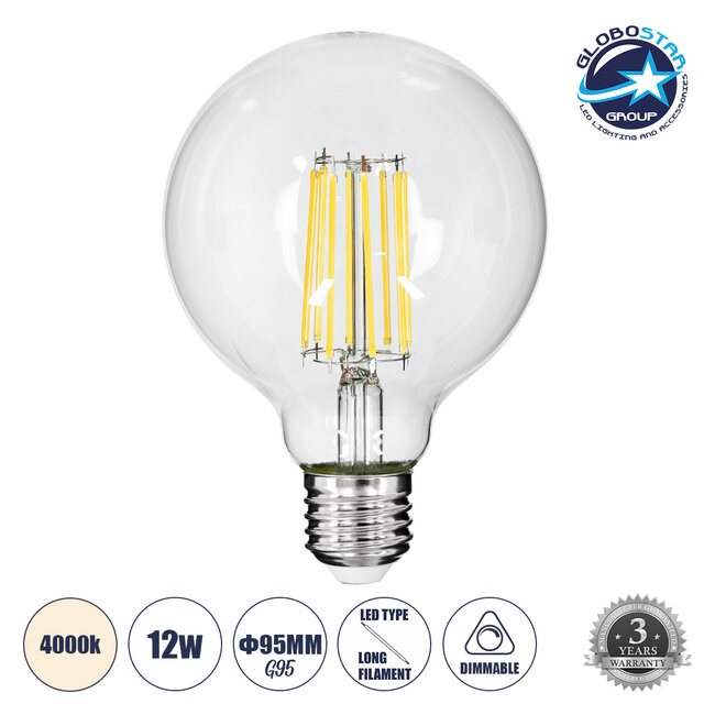 99054 Λάμπα LED Long Filament E27 G95 Γλόμπος 12W 1320lm 360° AC 220-240V IP20 Φ9.5 x Υ13.5cm Φυσικό Λευκό 4000K με Διάφανο Γυαλί - Dimmable - 3 Years Warranty
