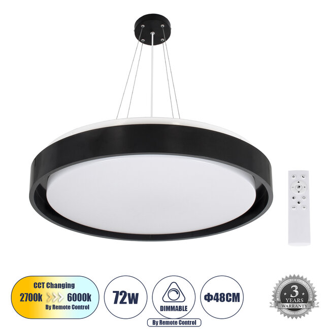 BARCHETTA 61046-P Κρεμαστή Πλαφονιέρα Οροφής LED CCT 72W 8306lm 120° AC 220-240V - Εναλλαγή Φωτισμού μέσω Τηλεχειριστηρίου All In One Ψυχρό 6000k+Φυσικό 4500k+Θερμό 2700k Dimmable Φ48cm - Μαύρο - 1