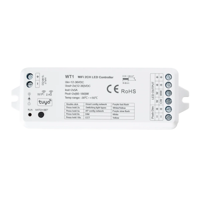  SKYDANCE-WT1 71468 DC WiFi & RF 2.4Ghz & Push Dimmer / Controller με 2 x 5A 90W Κανάλια DC 12-36V 10A 180W Max IP20 - WiFI & RF 2.4Ghz & Push Dimming - Μ11.5 x Π3.5 x Υ2cm - 5 Χρόνια Εγγύηση