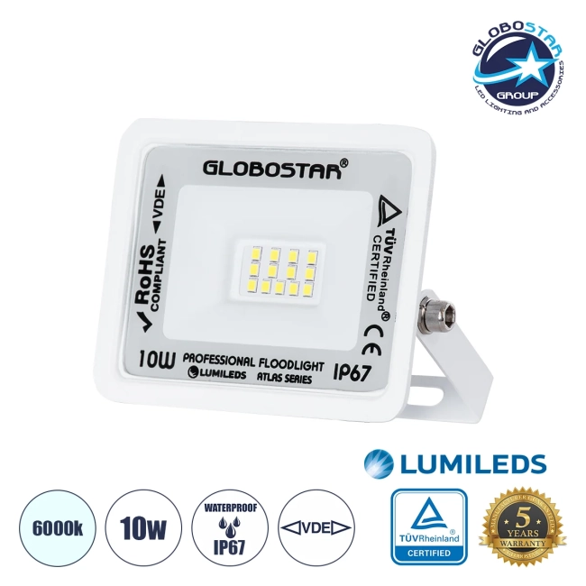  ATLAS 61404 Προβολέας LED 10W 1250lm 120° AC 220-240V Αδιάβροχο IP67 Ψυχρό Λευκό 6000K - Lumileds SMD Chip - TÜV Rheinland Certified - Λευκό Ματ - Μ10 x Π2 x Υ8cm - 5 Χρόνια Εγγύηση
