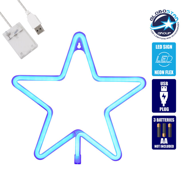 78583 Φωτιστικό Ταμπέλα Φωτεινή Επιγραφή NEON LED Σήμανσης STAR 5W με Καλώδιο Τροφοδοσίας USB - Μπαταρίας 3xAAA (Δεν Περιλαμβάνονται) - Γαλάζιο