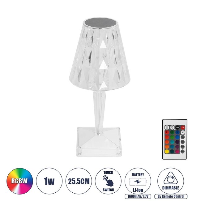 CRYSTAL 62042 Επαναφορτιζόμενο Επιτραπέζιο Φωτιστικό Πορτατίφ LED 1W 100lm 360° DC 5V IP44 RGBW Dimmable με Φορτιστή και Ασύρματο Χειριστήριο IR Διάφανο Πλαστικό - Μ11.5 x Π11.5 x Υ25.5cm - 3 Χρόνια Εγγύηση