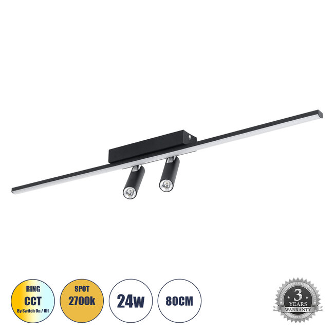 BARETTI 61226 Φωτιστικό Οροφής Linear Design LED CCT με Κινούμενα Σποτ LED Downlight 24W 2688lm 160° & 45° AC 220-240V IP20  - Εναλλαγή Φωτισμού μέσω Διακόπτη On/Off All In One Ψυχρό 6000k+Φυσικό 4500k+Θερμό 2700k Dimmable - Μ80 x Π5.5 x Υ5 cm - Μαύρο - 3 Χρόνια Εγγύηση