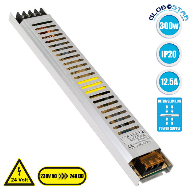 LUMISLIM 73018 Τροφοδοτικό/Μετασχηματιστής PELV 300W 12.5A DC 24V IP20 - AC 220-240V σε DC 24V - Μ31 x Π5.4 x Υ2.3cm - 3 Χρόνια Εγγύηση