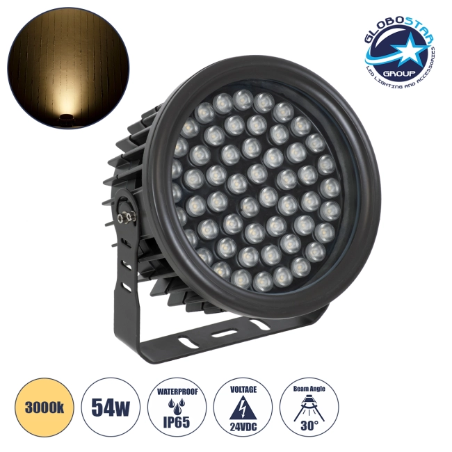 FLOODNEVA 90398 Προβολέας Σποτ Wall Washer LED 54W 4860lm 30° DC 24V Αδιάβροχο IP65 Θερμό Λευκό 2700K Dimmable - Bridgelux SMD Chip - Μαύρο - Μ24.5 x Π24.5 x Υ14.7cm - 3 Χρόνια Εγγύηση