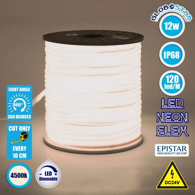 70581 TUBE 360° Degree Neon Flex Epistar LED SMD 2835 1m 12W/m 120LED/m 1284lm/m 360° DC 24V Αδιάβροχη IP68 Φυσικό Λευκό 4500K Dimmable