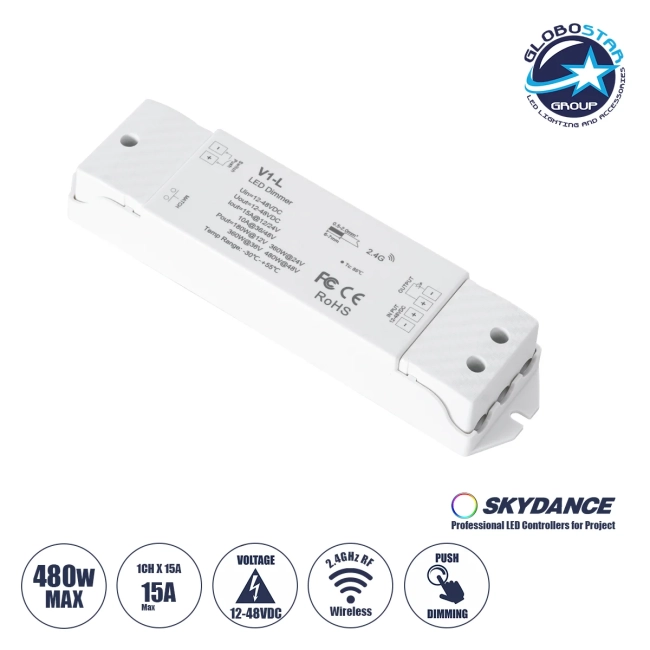  SKYDANCE-V1-L 71568 DC RF 2.4Ghz & Push Dimmer / Controller με 1 x 15A 480W Κανάλι DC 12-48V 15A 480W Max IP20 - RF 2.4Ghz & Push Dimming - Μ17.5 x Π4.5 x Υ2.5cm - 5 Χρόνια Εγγύηση