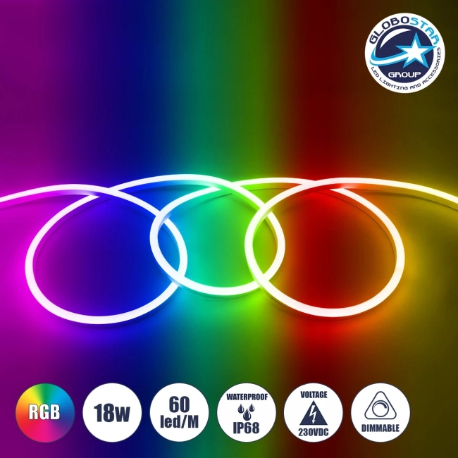 999-0245 NEOVALE 120° Degree Neon Flex Epistar LED SMD 5050 1m 18W/m 60LED/m 1260lm/m 120° DC 230V Αδιάβροχη IP68 RGB Dimmable Μ100 x Π2.6 x Υ1.7cm