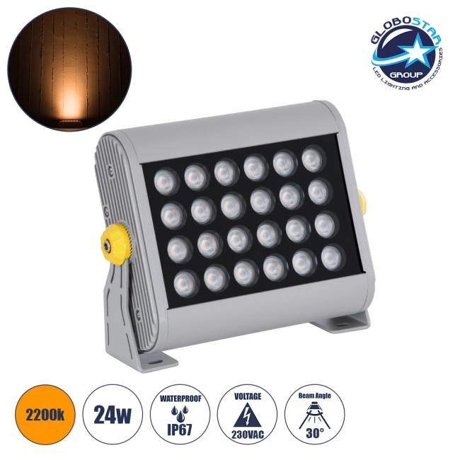 FLOODHENA 90444 Προβολέας Σποτ Wall Washer LED 24W 2040lm 30° AC 220-240V Αδιάβροχο IP67 Ultra Θερμό Λευκό 2200K - Bridgelux SMD Chip - Γκρι Ανθρακί - Μ22.5 x Π6 x Υ16.5cm - 3 Χρόνια Εγγύηση