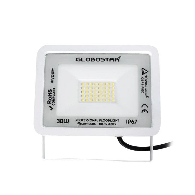  ATLAS 61414 Προβολέας LED 30W 3600lm 120° AC 220-240V Αδιάβροχο IP67 Φυσικό Λευκό 4500K - Lumileds SMD Chip - TÜV Rheinland Certified - Λευκό Ματ - Μ16 x Π2.5 x Υ12.5cm - 5 Χρόνια Εγγύηση