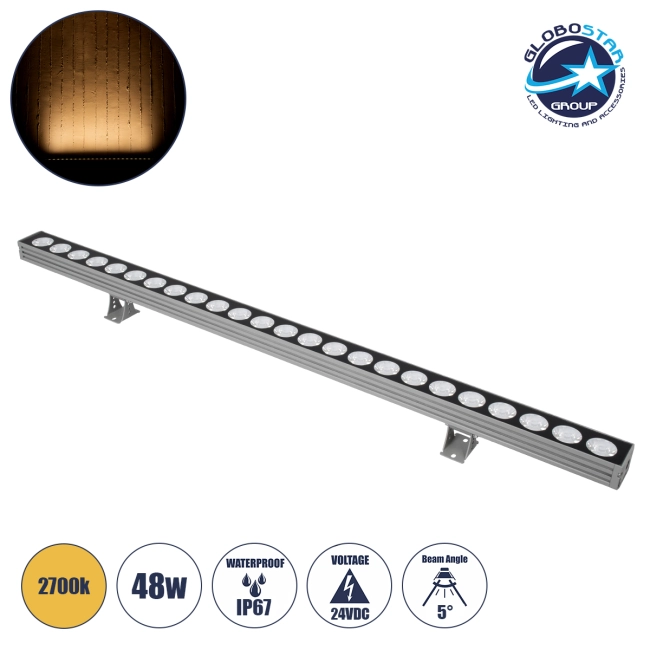 WASHERJAVIA 90555 Μπάρα Φωτισμού Wall Washer LED 48W 5280lm 5° DC 24V Αδιάβροχο IP67 Θερμό Λευκό 2700K Dimmable - Bridgelux SMD Chip - Γκρι Ανθρακί - Μ100 x Π5.2 x Υ3.6cm - 3 Χρόνια Εγγύηση