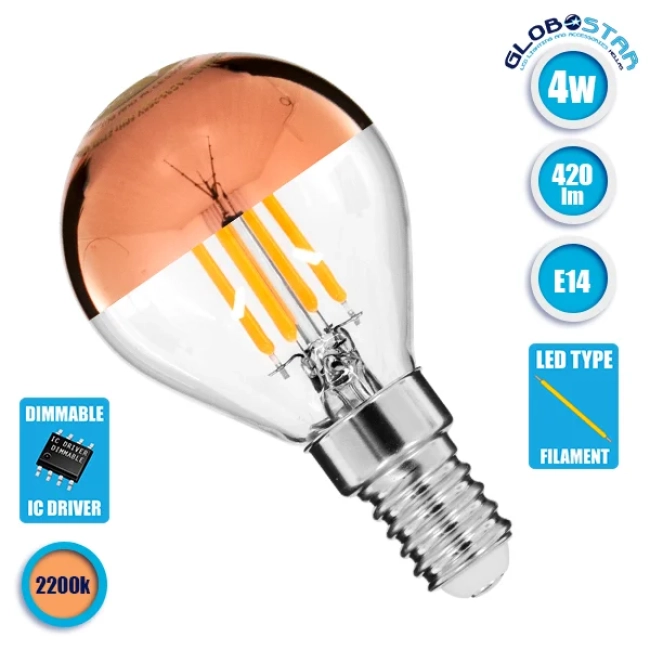 SPHERE 99109 Λάμπα E14 G45 LED 4W 420lm 320° AC 220-240V IP20 Ultra Θερμό Λευκό 2200K Dimmable - Filament Chip - Διάφανο με Χάλκινο Ανεστραμμένο Καθρέπτη - Μ4.5 x Π4.5 x Υ8.1cm - 3 Χρόνια Εγγύηση SPHERE 99109 Λάμπα E14 G45 LED 4W 420lm 320° AC 220-240V IP20 Ultra Θερμό Λευκό 2200K Dimmable - Filament Chip - Διάφανο με Χάλκινο Ανεστραμμένο Καθρέπτη - Μ4.5 x Π4.5 x Υ8.1cm - 3 Χρόνια Εγγύηση